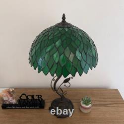 Tiffany Style Table Lamp Green Stained Glass Leaves LED Bulbs Include 24H14W