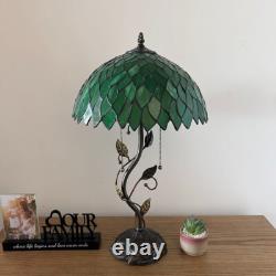 Tiffany Style Table Lamp Green Stained Glass Leaves LED Bulbs Include 24H14W