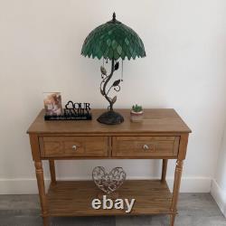 Tiffany Style Table Lamp Green Stained Glass Leaves LED Bulbs Include 24H14W