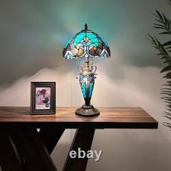 Tiffany Style Table Lamp Green Stained Glass Liaison Included LED Bulbs H22W12