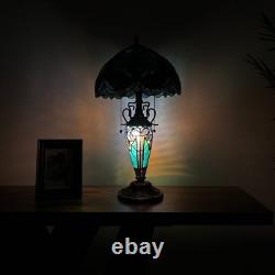 Tiffany Style Table Lamp Green Stained Glass Liaison Included LED Bulbs H22W12
