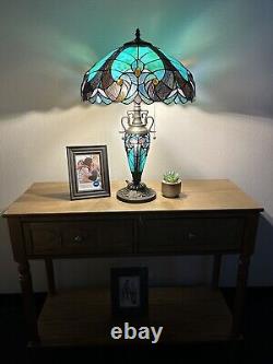 Tiffany Style Table Lamp Green Stained Glass Liaison Mother-Daughter Vase 24H