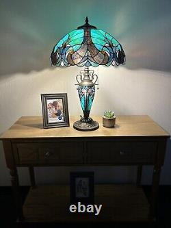 Tiffany Style Table Lamp Green Stained Glass Liaison Mother-Daughter Vase 24H