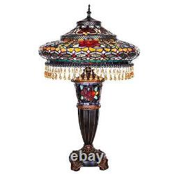 Tiffany Style Table Lamp Multicolor Stained Glass Lit Base with Beads Accents