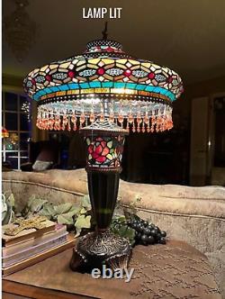 Tiffany Style Table Lamp Multicolor Stained Glass Lit Base with Beads Accents