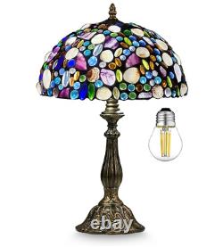 Tiffany Style Table Lamp Natural Shell & Amethyst Stained Vintage Bedside Light