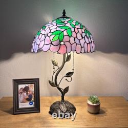 Tiffany Style Table Lamp Purple Stained Glass Green Leaves LED Bulbs H24W14