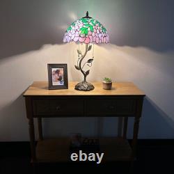 Tiffany Style Table Lamp Purple Stained Glass Green Leaves LED Bulbs H24W14