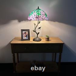 Tiffany Style Table Lamp Purple Stained Glass Green Leaves LED Bulbs H24W14