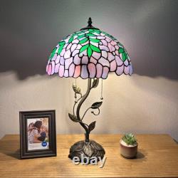 Tiffany Style Table Lamp Purple Stained Glass Green Leaves LED Bulbs H24W14