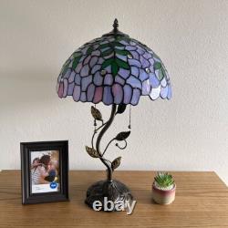 Tiffany Style Table Lamp Purple Stained Glass Green Leaves LED Bulbs H24W14