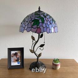 Tiffany Style Table Lamp Purple Stained Glass Green Leaves LED Bulbs H24W14