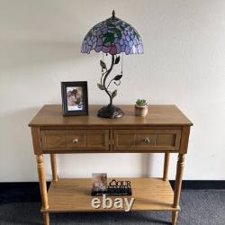 Tiffany Style Table Lamp Purple Stained Glass Green Leaves LED Bulbs H24W14