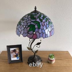 Tiffany Style Table Lamp Purple Stained Glass Green Leaves LED Bulbs H24W14