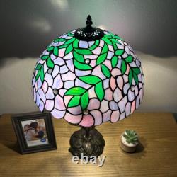 Tiffany Style Table Lamp Purple Stained Glass Green Leaves LED Bulbs H24W14