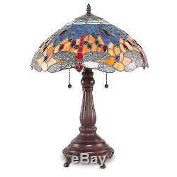 Tiffany Style Table Lamp Red Dragonfly Blue Stained Glass Copper Base 24 High