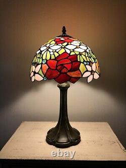 Tiffany Style Table Lamp Red Orange Stained Glass Rose Flower H19W12 In