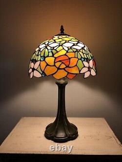 Tiffany Style Table Lamp Red Orange Stained Glass Rose Flower H19W12 In