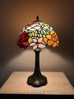 Tiffany Style Table Lamp Red Orange Stained Glass Rose Flower H19W12 In