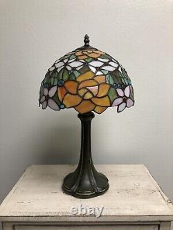 Tiffany Style Table Lamp Red Orange Stained Glass Rose Flower H19W12 In