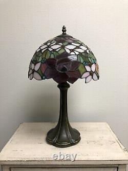 Tiffany Style Table Lamp Red Orange Stained Glass Rose Flower H19W12 In