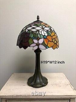 Tiffany Style Table Lamp Red Orange Stained Glass Rose Flower H19W12 In