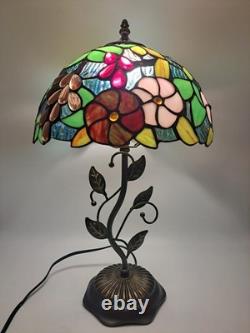 Tiffany Style Table Lamp Red Orange Stained Glass Rose Flowers LED Bulbs 24H