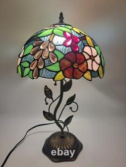 Tiffany Style Table Lamp Red Orange Stained Glass Rose Flowers LED Bulbs 24H