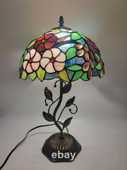 Tiffany Style Table Lamp Red Orange Stained Glass Rose Flowers LED Bulbs 24H