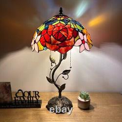 Tiffany Style Table Lamp Red Orange Stained Glass Rose Flowers LED Bulbs 24H