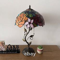 Tiffany Style Table Lamp Red Orange Stained Glass Rose Flowers LED Bulbs 24H