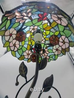 Tiffany Style Table Lamp Red Orange Stained Glass Rose Flowers LED Bulbs 24H