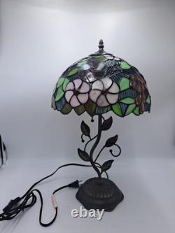 Tiffany Style Table Lamp Red Orange Stained Glass Rose Flowers LED Bulbs 24H