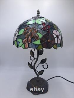 Tiffany Style Table Lamp Red Orange Stained Glass Rose Flowers LED Bulbs 24H