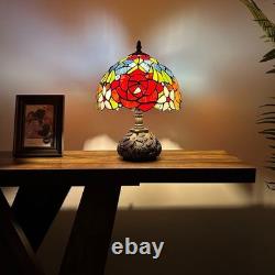 Tiffany Style Table Lamp Rose Flowers Stained Glass LED Bulb 10W10D14H