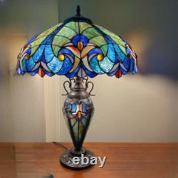 Tiffany Style Table Lamp Royal Blue Stained Glass Reading Accent Victorian 26 H