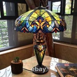 Tiffany Style Table Lamp Royal Blue Stained Glass Reading Accent Victorian 26 H