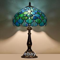 Tiffany Style Table Lamp Sea Blue Pearl Stained Glass Vintage Bedside Desk Light