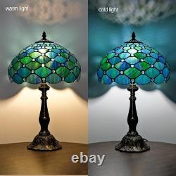 Tiffany Style Table Lamp Sea Blue Pearl Stained Glass Vintage Bedside Desk Light