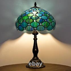 Tiffany Style Table Lamp Sea Blue Pearl Stained Glass Vintage Bedside Desk Light