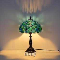 Tiffany Style Table Lamp Sea Blue Pearl Stained Glass Vintage Bedside Desk Light