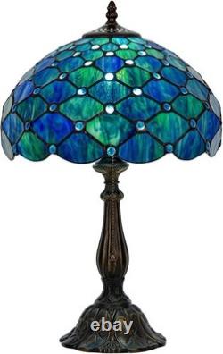 Tiffany Style Table Lamp Sea Blue Pearl Stained Glass Vintage Bedside Desk Light