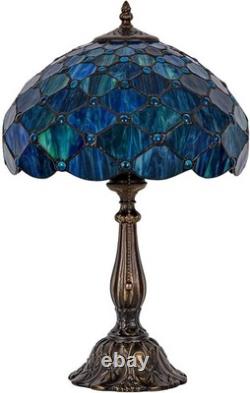 Tiffany Style Table Lamp Sea Blue Pearl Stained Glass Vintage Bedside Desk Light