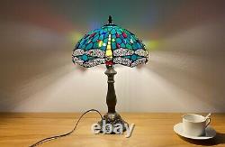 Tiffany Style Table Lamp Sea Blue Stained Glass Dragonfly Accent Lamp 18 Tall