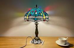 Tiffany Style Table Lamp Sea Blue Stained Glass Dragonfly Accent Lamp 18 Tall