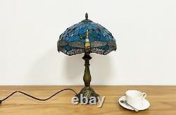 Tiffany Style Table Lamp Sea Blue Stained Glass Dragonfly Accent Lamp 18 Tall