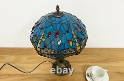 Tiffany Style Table Lamp Sea Blue Stained Glass Dragonfly Accent Lamp 18 Tall