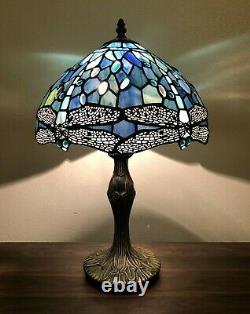 Tiffany Style Table Lamp Sea Blue Stained Glass Dragonfly Antique Vintage H19