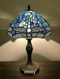 Tiffany Style Table Lamp Sea Blue Stained Glass Dragonfly Antique Vintage H19