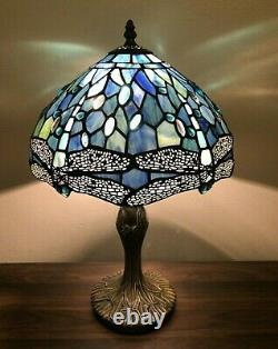 Tiffany Style Table Lamp Sea Blue Stained Glass Dragonfly Antique Vintage H19